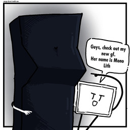 armless black_body breasts cartoon_physics duo eyeless female for_a_head gesture hairless hand_gesture hands_behind_back long_arms male medium_breasts pointing sculpture simple_background size_difference smaller_male speech_bubble statue text white_body alberto_omega cube_(alberto_omega) fan_character monolith_(alberto_omega) humanoid object_head 1:1 english_text url