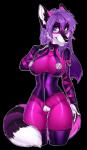 anthro big_breasts breasts claws clothed clothing female fur genitals hair latex looking_at_viewer pink_body pink_fur purple_eyes purple_hair pussy simple_background solo zipper xenthyl selene_leni canid canine fox mammal 2016 alpha_channel digital_media_(artwork)