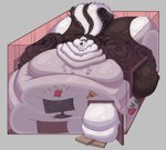 2024 anthro arm_rolls belly belly_on_ground belly_rolls big_belly big_butt big_cheeks black_body blobby butt cel_shading chubby_cheeks darksidesf double_chin electronics fat_arms fat_rolls food fries hi_res huge_belly huge_butt huge_hips huge_moobs huge_thighs hyper hyper_belly hyper_butt hyper_hips hyper_thighs immobile leg_rolls male mammal mephitid monitor morbidly_obese morbidly_obese_anthro morbidly_obese_male neck_rolls obese obese_anthro obese_male overweight overweight_anthro overweight_male pizza room_filling shaded skunk solo thick_thighs tuft white_body wide_hips