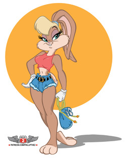 3_toes 4_fingers anthro bag bedroom_eyes belt bottomwear breasts buckteeth clothing crop_top denim denim_bottomwear denim_clothing denim_shorts eyelashes feet female fingers hand_on_hip holding_object hotpants long_eyelashes looking_aside narrowed_eyes seductive shadow shirt shorts smile solo teeth toes topwear bobguthrie phillipthe2 looney_tunes warner_brothers lola_bunny lagomorph leporid mammal rabbit artist_collaboration hi_res