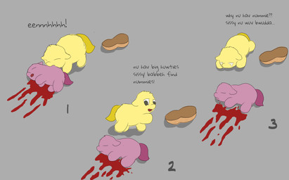ambiguous_feral ambiguous_gender baby_talk black_eyes blood bodily_fluids carrying_another corpse crying death duo eyes_closed feral food fruit fur gore grey_background legume looking_at_another mouth_hold open_mouth peanut_(food) plant purple_body purple_fur purple_tail sad simple_background tail tears text yellow_body yellow_fur yellow_tail young young_ambiguous young_feral carpdime fluffy_pony fluffy_pony_(species) mammal digital_media_(artwork) english_text hi_res shaded