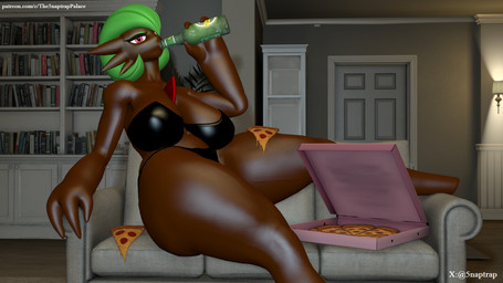 alcohol beer beverage big_breasts big_butt bikini black_bikini black_clothing black_panties black_swimwear black_underwear box breasts brown_body butt clothing container dark_body dark_skin drinking drinking_beer eating eating_food female food furniture green_hair hair living_room looking_at_viewer natural_breasts oiled_body on_sofa panties pink_eyes pizza pizza_box pizza_slice sitting sitting_on_sofa sofa solo swimwear tan_body text thick_thighs two-piece_swimsuit underwear watching_television wide_hips 5naptrap warfaremachine_(modeler) nintendo patreon pokemon jadine_voir warfare_gardevoir gardevoir generation_3_pokemon humanoid pokemon_(species) 16:9 2026 3d_(artwork) digital_media_(artwork) hi_res source_filmmaker_(artwork) url widescreen