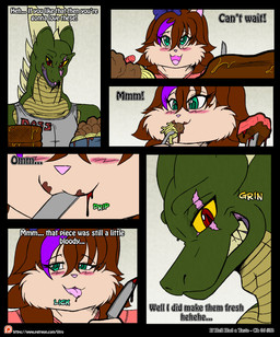 accessory anthro beef blush bow_ribbon bowl brown_hair clothing collared_shirt container cutlery dress_shirt duo eating female food fork green_body green_scales grin hair hair_accessory hair_bow hair_ribbon hot_dog kitchen_utensils knife licking male meat meatball obese obese_anthro obese_female open_mouth overweight overweight_anthro overweight_female pasta red_eyes ribbons scales shirt smile spaghetti steak teal_eyes text tongue tongue_out tools topwear yellow_body yellow_scales yellow_sclera viroveteruscy if_hell_had_a_taste mythology marci_hetson skylar_fidchell domestic_cat dragon felid feline felis mammal mythological_creature mythological_scalie scalie 2017 colored comic english_text hi_res url