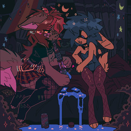alternative_fashion anthro bed bong bottomwear clothing curtains curtains_open drugs duo female fishnet_clothing fishnet_legwear fog fungus furniture glitch horn legwear lighter liquid marijuana mushroom night pillow plaid plant psychedelic shrub skirt smoking star deceased_bunny mountain_dew ramiel_(deceased_bunny) felid feline lagomorph leporid mammal rabbit 1:1