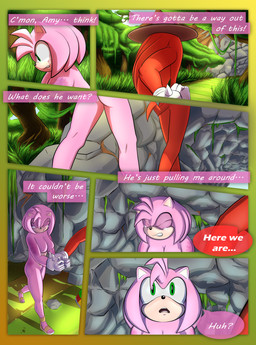 5_fingers anthro areola arm_grab bare_breasts bdsm bodily_fluids bondage border bound breasts bruised cleavage clothed clothing crying detailed_background dialogue dominant dominant_male duo eyes_closed female fingers footwear front_view fur green_border green_eyes handwear hat headgear headwear kidnapping male male/female nipples nude outside pink_body pink_fur purple_eyes red_body red_fur restrained restraints rope rope_bondage sandals shoes side_view speech_bubble submissive submissive_female tears text wrist_grab breech_loader toso sega sonic_the_hedgehog_(series) amy_rose knuckles_the_echidna echidna eulipotyphlan hedgehog mammal monotreme 2021 absurd_res comic english_text hi_res