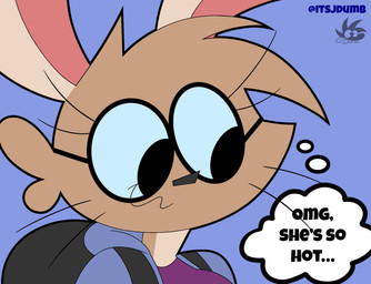anthro backpack black_eyes breasts brown_body clothed clothing eyelashes eyewear female glasses hoodie simple_background smile solo text thought_bubble topwear whiskers jdone sarena_(jdone) lagomorph leporid mammal rabbit 2025 digital_media_(artwork) english_text hi_res