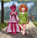 breasts brown_hair clothed clothing dipstick_tail duo female hair markings multicolored_tail open_mouth red_body red_eyes red_skin tail tail_markings pablocomics animal_humanoid cat_humanoid demon felid felid_humanoid feline feline_humanoid humanoid mammal mammal_humanoid hi_res