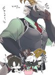 anthro black_body black_fur clothed clothing duo eating eating_food food fur gloves hair handwear horn male muscular muscular_anthro muscular_male necktie shirt topwear white_hair izm_rm7 lifewonders tokyo_afterschool_summoners protagonist_(tas) tanngrisnir_(tas) twink_protagonist_(tas) bovid caprine goat human mammal 2023 absurd_res hi_res