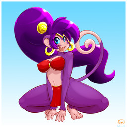 5_fingers 5_toes alternate_form anthro anthrofied bare_shoulders barefoot big_breasts biped blue_eyes bottomwear breasts cleavage clothed clothing crouching ear_piercing eyebrows eyelashes feet female fingers hair loincloth long_hair looking_at_viewer midriff navel nipple_outline open_mouth piercing ponytail purple_hair smile solo spread_legs spreading thick_thighs toes under_boob fyxe_(artist) shantae_(series) wayforward shantae_(monkey_form) haplorhine mammal monkey primate 1:1