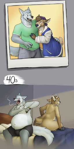 age_progression anthro antlers belly big_belly big_butt bite_mark_on_shoulder bottomless bottomless_male bulge butt clothed clothing digit_ring duo eyewear femboy fluffy glasses grin horn jacket jewelry letterman_jacket male married_couple open_mouth oversized_clothing polaroid_photo ring slice_of_life smile time_skip tongue tongue_out topless topless_male topwear wedding_ring weight_gain yawn themuffinly josiah_(themuffinly) samuel_(themuffinly) canid canine canis deer mammal wolf hi_res