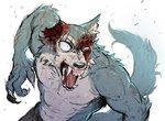 angry anthro blood bodily_fluids bottomwear claws clothed clothing fangs male missing_ear muscular muscular_anthro muscular_male open_mouth pants scar solo teeth topless wounded kmwolfkm beastars legoshi_(beastars) canid canine canis mammal wolf hi_res