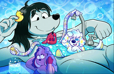 anthro bathing bathtub clown_nose fur grey_body grey_fur group macro multicolored_body multicolored_fur pink_body pink_fur red_body red_fur rubber_duck suds towel white_body white_fur unusualdolls sinkdog animate_inanimate canid canine canis domestic_dog mammal