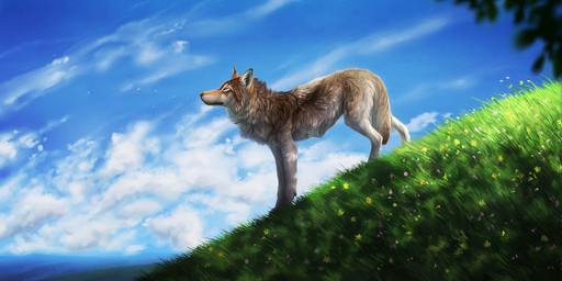 ambiguous_gender brown_body brown_fur cloud detailed_background detailed_fur feral flower fur grass plant sky solo kippycube canid canine canis mammal wolf 2015 detailed