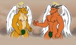 abs angel angel_dragon angelic anthro balls barely_visible_balls barely_visible_genitalia bgn biceps bottomwear censored clothed clothing digital_media_(artwork) dragon duo empty_eyes feathered_wings feathers fig_leaf genitals halo heaven holy horn leaf leaf_clothing loincloth looking_at_viewer male male/male muscular mythological_creature mythological_scalie mythology nipples partially_clothed pecs pose scalie smile smirk tail white_body white_feathers wings