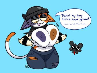 anthro areola big_breasts black_clothing black_eyeshadow black_hat black_headwear black_topwear blue_background blue_bottomwear blue_clothing blue_jeans blue_pants bottomwear breasts brown_areola brown_nipples clothed clothing denim denim_bottomwear denim_clothing dialogue dipstick_tail ears_down eyeshadow fangs female front_view fur hat headgear headwear huge_breasts jeans makeup markings mismatched_nipples navel nipples open_mouth orange_body orange_fur pants pivoted_ears purple_areola purple_body purple_fur purple_nipples raised_clothing raised_topwear simple_background solo speech_bubble tail tail_markings teeth text topwear torn_bottomwear torn_clothing torn_jeans torn_pants white_body white_fur yellow_eyes miobadders epic_games fortnite meow_skulls domestic_cat felid feline felis mammal english_text hi_res