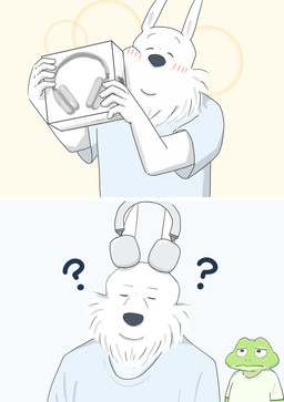 anthro biped black_nose blush clothing duo electronics eyes_closed fur green_body headphones humanoid_hands kemono shirt simple_background topwear white_body white_fur panda_po amphibian canid canine canis domestic_dog frog mammal 2023 hi_res