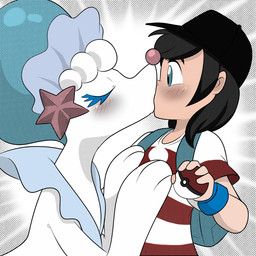anthro backpack blush clothing duo eyelashes eyes_closed female female_on_human hair hat headgear headwear human_on_anthro interspecies kiss_on_lips kissing male male_on_anthro pokeball pokephilia standard_pokeball starfish_(accessory) surprise_kiss lonbluewolf nintendo pokemon elio_(pokemon) aquatic asterozoan echinoderm generation_7_pokemon human mammal pinniped pokemon_(species) primarina starfish 1:1 colored digital_drawing_(artwork) digital_media_(artwork) halftone hi_res