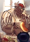 anthro apron black_body black_fur clothing cooking cookware eyebrows food frying_pan fur hair heart_symbol horn jewelry kitchen_utensils male muscular muscular_anthro muscular_male necklace one_eye_closed pancake red_hair smile solo thick_eyebrows tools wink 317_mno lifewonders tokyo_afterschool_summoners gyumao_(tas) bovid bovine cattle mammal hi_res