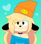 anthro bangs beanie biped black_ears black_eyes black_nose blonde_hair blue_background blue_clothing blue_topwear clothed clothing collar femboy front_view fully_clothed fur gradient_background green_background hair hat headgear headwear heart_symbol light_body light_fur long_hair looking_at_viewer male simple_background smile solo sweater tan_body tan_fur text text_on_clothing text_on_hat text_on_headwear topwear somescrub parappa_the_rapper sony_corporation sony_interactive_entertainment twitter parappa parappa_the_trappa canid canine canis domestic_dog mammal 2020 absurd_res digital_media_(artwork) english_text half-length_portrait hi_res portrait signature