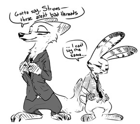 accessory anthro clothed clothing dialogue duo male necktie suit text nobby_(artist) disney zootopia jack_savage nick_wilde canid canine fox lagomorph leporid mammal rabbit red_fox true_fox aliasing binary_drawing black_and_white digital_drawing_(artwork) digital_media_(artwork) english_text hi_res monochrome