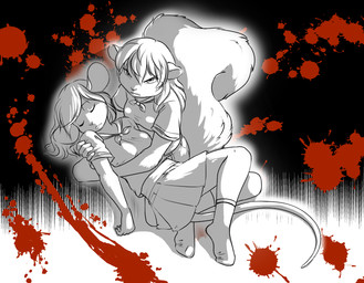 angry anthro asian_clothing big_tail biped blood blood_splatter bodily_fluids bottomwear breasts claws clothed clothing corpse death duo east_asian_clothing eyebrows eyes_closed female fluffy fluffy_tail footwear hair holding_another japanese_clothing japanese_school_uniform kneeling long_hair looking_at_viewer school_uniform serafuku shirt skirt socks tail topwear uniform malachyte mammal mouse murid murine rodent sciurid tree_squirrel 2015 absurd_res clip_studio_paint_(artwork) digital_media_(artwork) hi_res restricted_palette