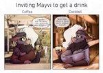 alcohol anthro beverage big_breasts blurred_background breasts cocktail coffee coffee_cup comic_panel container cup curved_horn dialogue flirting fur gynomorph hair hair_over_eye horn intersex looking_at_another neck_tuft purple_body purple_fur seductive shoulderless_clothing smile solo text tuft white_hair triplecorne mayvi bovid bovine cattle highland_cattle mammal english_text