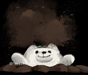 ambiguous_gender anthro beady_eyes biped black_background buried closed_smile emerging fur mouth_closed partially_buried simple_background smile snout solo sprout_(plant) white_body white_fur 7080at deltarune undertale_(series) annoying_dog_(undertale) canid canine mammal 2026 digital_drawing_(artwork) digital_media_(artwork) hi_res japanese_description signature