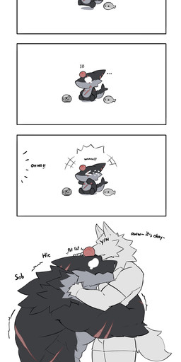 :3 >_< ambiguous_gender anthro arm_scar back_scar big_muscles black_body black_fur bodily_fluids bottomwear chest_scar chibi clothing countershade_face countershade_tail countershade_torso countershading crying dialogue duo ellipsis eye_scar eyes_closed facial_scar fin fin_scar fish_tail fur grey_body grey_countershading grey_fur group head_fin headpat hug hugging_another kick male motion_lines mouth_closed muscular muscular_anthro muscular_male onomatopoeia patreon_logo patreon_username scar shaking shirt shorts simple_background simple_eyes sound_effects swelling tail tail_fin tears teary_eyes text topwear toy tremble_spikes trembling trio white_background white_eyes wolfblack43 patreon aquatic canid canine canis fish furred_shark mammal pinniped seal shark wolf 2025 absurd_res artist_name comic digital_drawing_(artwork) digital_media_(artwork) english_text hi_res