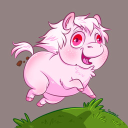 ambiguous_feral ambiguous_gender blush brown_background feces feral freckles fur grass hair hooves monotone_body monotone_fur open_mouth pink_body pink_eyes pink_fur pink_hair pink_hooves pink_tail plant pooping running silly_face simple_background smile solo tail text young young_ambiguous young_feral squeegull fluffy_pony fluffy_pony_(species) mammal 1:1 2025 absurd_res artist_name digital_media_(artwork) hi_res shaded