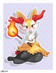 anthro biped blush fangs female fire fur kneeling looking_at_viewer red_body red_fur sitting solo stick teeth yellow_body yellow_fur crimsonbugeye nintendo pokemon braixen canid canine generation_6_pokemon mammal pokemon_(species) 2016 hi_res