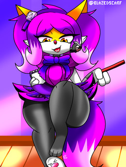 ambiguous_gender anthro biped bow_(feature) bow_tie duo female hair larger_female piercing purple_hair size_difference smaller_ambiguous solo_focus stepped_on thick_thighs tongue tongue_piercing blazedscarf nintendo pokemon braixen generation_6_pokemon generation_9_pokemon pokemon_(species) wiglett hi_res