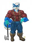 anthro axe big_muscles black_nose blue_body blue_fur boots bottomwear clothed clothing denim denim_bottomwear denim_clothing felling_axe footwear fully_clothed fur green_eyes hair hand_on_hip jeans looking_at_viewer lumberjack male melee_weapon multicolored_body multicolored_fur muscular muscular_anthro muscular_male pants pattern_clothing pattern_shirt pattern_topwear plaid plaid_clothing plaid_shirt plaid_topwear shirt shoes simple_background smile solo standing suspenders tight_clothing topwear weapon white_background white_body white_fur white_hair chirros canid canine canis domestic_dog husky mammal nordic_sled_dog spitz 2019 hi_res