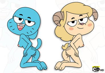 2_horns 3_toes 4_fingers anthro anus areola bedroom_eyes black_eyebrows black_eyes black_markings black_text blonde_hair blowup_background blue_body blue_fur blue_tail blush blush_stickers breasts butt butt_tattoo closed_smile curved_horn duo eyebrows eyelashes facial_markings fangs feet female female_anthro fingers fur genitals grey_horn hair half-closed_eyes head_markings head_turned heart_symbol horn humanoid_genitalia humanoid_vulva kneeling leaning leaning_forward long_eyelashes long_hair looking_at_viewer looking_back looking_back_at_viewer markings medium_breasts mouth_closed narrowed_eyes nipples nude nude_anthro nude_female open_mouth open_smile pink_areola pink_nipples pink_nose pink_tongue presenting presenting_hindquarters purple_nose rear_view seductive short_tail simple_background smile tail tan_body tan_fur tattoo teeth text text_tattoo toes tongue toony vulva whisker_markings yellow_tail c.dash37 cartoon_network the_amazing_world_of_gumball chi_chi's_mom nicole_watterson bovid caprine domestic_cat felid feline felis goat mammal 2026 absurd_res artist_name english_text hi_res