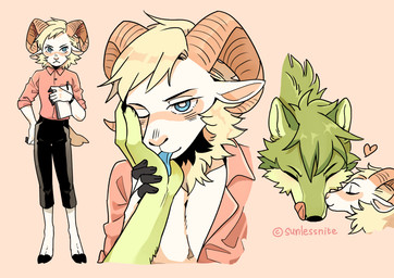 anthro bedroom_eyes blonde_hair blue_eyes blue_tongue blush clipboard clock clothed clothing duo eyes_closed fully_clothed fur green_body green_fur hair hand_holding hand_on_face heart_above_head heart_symbol holding_clipboard holding_object hooves horn kissing male male/male multicolored_body narrowed_eyes one_eye_closed open_clothing open_shirt open_topwear paper pen seductive shirt simple_background smile tongue topwear two_tone_body unbuttoned_shirt watch white_body white_fur writing_utensil sunlessnite hermes_(sunlessnite) travis_(sunlessnite) bovid canid canine canis caprine mammal sheep wolf 2019 watermark