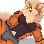 1:1 anthro arcanine bezzeroo biceps brown_body brown_fur bulge canid canine clothed clothing fur generation_1_pokemon hair hi_res male mammal multicolored_body multicolored_fur muscular muscular_anthro muscular_male nintendo orange_body orange_eyes orange_fur pecs pokemon pokemon_(species) pose pubes simple_background smile solo tail underwear underwear_only white_background white_body white_fur