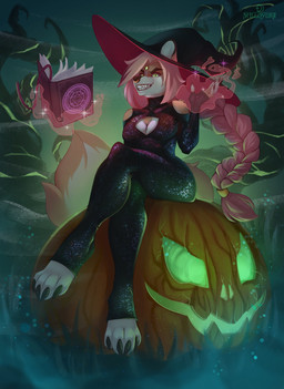 anthro book breasts claws clothing facial_piercing female food front_view fruit fur green_eyes hair hat headgear headwear holidays magic magic_book magic_user multicolored_body multicolored_fur nose_piercing orange_body orange_fur paws piercing pink_hair plant pumpkin simple_background smile solo tail teeth tree white_body white_fur witch_hat millouyre halloween canid canine canis domestic_dog herding_dog mammal pastoral_dog welsh_corgi detailed digital_drawing_(artwork) digital_media_(artwork) hi_res