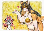 4_fingers anthro big_breasts bikini blue_eyebrows blue_eyes blush breasts brown_hair claws cleavage clothed clothing dipstick_ears duo ear_markings eyebrow_through_hair eyebrows eyewear female finger_claws fingers full_cleavage fur fur_markings glasses gloves_(marking) gold_background gold_bikini hair heart_symbol huge_breasts kemono looking_at_viewer looking_down markings multicolored_body multicolored_ears multicolored_fur multicolored_hair navel neck_tuft one_eye_closed open_mouth orange_body orange_eyes orange_fur orange_hair pawpads red_body red_hair round_glasses simple_background slightly_chubby slightly_chubby_anthro slightly_chubby_female small_breasts snout stripes swimwear tail tassels thick_thighs translucent translucent_hair tuft two-piece_swimsuit white_hair wide_hips wink winking_at_viewer yellow_body yellow_fur shuyara chunithm chunithm_luminous chunithm_verse sega sega_fave inuko_mimimi_(sega) ravina_kitten canid canine canis domestic_cat domestic_dog felid feline felis mammal absurd_res distracting_watermark hi_res watermark