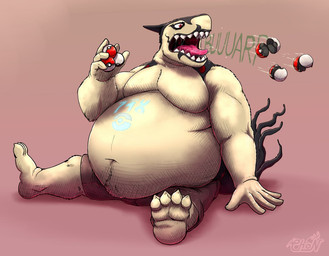 anthro belly belly_tuft big_belly burping burping_up_object male male_pred moobs object_vore overweight overweight_male pokeball red_eyes solo tan_body tuft vore chopangigante nintendo pokemon generation_2_pokemon pokemon_(species) typhlosion