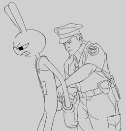 anthro arrested clothing cuff_(restraint) duo gloves handcuffed handcuffs handwear long_ears male metal_cuffs overalls police police_hat police_officer police_uniform restraints uniform keno9988 glitch_productions the_amazing_digital_circus jax_(tadc) human lagomorph leporid mammal rabbit 2025 monochrome sketch