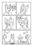 absurd_res ailurid alternating_focus anthro breasts canid canine clothed clothing comic command dialogue ear_piercing english_text excited family female fox frustration_cloud furniture group hi_res hybrid iconography inner_ear_fluff kif_yppreah kifyun2 laugh male mammal monochrome piercing raphael_yppreah red_panda sibling_(lore) simple_background sound_effects speech_bubble table talking_to_another text thanking tuft vocalization
