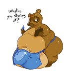 anthro balls big_balls biped brown_body brown_fur bulge clipboard clothed clothing dialogue facial_markings fur genitals half-closed_eyes head_markings huge_balls hyper hyper_balls hyper_genitalia male markings mask_(marking) multicolored_body multicolored_fur narrowed_eyes obese obese_anthro obese_male overweight overweight_anthro overweight_male pen simple_background skimpy solo text thick_thighs topless underwear white_background boot_(artist) animal_crossing nintendo tom_nook_(animal_crossing) canid canine mammal raccoon_dog tanuki 2014 digital_drawing_(artwork) digital_media_(artwork) english_text low_res