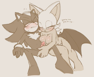 anthro body_hair chest_hair chest_tuft duo female genitals male male/female nude nude_anthro nude_female nude_male penis teasing text tuft wings kore_eon sega sonic_the_hedgehog_(series) rouge_the_bat shadow_the_hedgehog bat eulipotyphlan hedgehog mammal