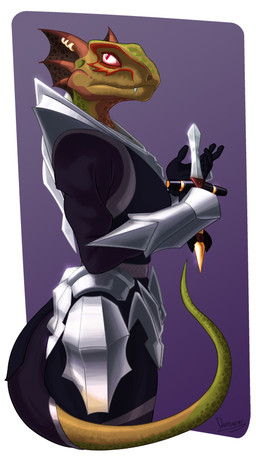 anthro armor biped breastplate breasts dagger ear_piercing fangs female holding_melee_weapon holding_object holding_sword holding_weapon melee_weapon non-mammal_breasts piercing pupils simple_background slit_pupils solo standing sword teeth weapon darbaras microsoft the_elder_scrolls argonian lizard reptile scalie portrait three-quarter_portrait