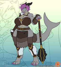 anthro armor big_breasts breasts claws clothed clothing female hair mace melee_weapon non-mammal_breasts patreon_logo short_hair solo text toe_claws weapon website_logo zoom_layer veyll patreon vishka aquatic demon fish shark 2018 digital_media_(artwork) url