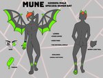 anthro fur green_body green_fur green_tongue grey_body grey_fur hair male multicolored_body multicolored_fur pawpads red_hair solo static_eye text tongue wings toxic_tragedy munetenma bat demon mammal megabat 4:3 english_text hi_res model_sheet