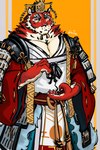 asian_clothing clothing crown east_asian_clothing fur headgear japanese_clothing kimono male red_body red_fur rope stripes yellow_eyes gintrieu asian_mythology crave_saga mythology yata_no_kagami_(crave_saga) deity felid mammal pantherine tiger 2:3 hi_res