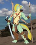 anthro armor armwear arrow_(weapon) beach biped blonde_hair bodypaint bottomwear bow_(weapon) brown_armwear brown_clothing brown_legwear clothing cloud facial_hair facial_paint front_view green_body green_scales hair holding_melee_weapon holding_object holding_polearm holding_spear holding_sword holding_weapon jewelry knife legwear light log loincloth looking_forward male markings melee_weapon mustache necklace nipples outside polearm quiver_(object) ranged_weapon red_eyes red_markings scabbard scale_markings scales seaside sky solo spear standing straps sunlight sword tribal tribal_markings vambrace warrior weapon wood kaa_bakensobek sek-raktaa scalie 2021 digital_media_(artwork) full-length_portrait hi_res portrait