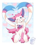 ambiguous_gender anthro anthrofied bent_arm bent_legs blowing_kiss blush border cheek_tuft extended_arm facial_tuft fur gesture heart_(marking) heart_background heart_reaction heart_symbol kneeling light_border long_ears looking_at_viewer markings multicolored_body multicolored_fur nude one_eye_closed open_mouth open_smile pawpads pink_body pink_fur pokemorph purple_pawpads simple_background smile solo tuft white_body white_border white_fur wink winking_at_viewer nyanpizza nintendo pokemon eeveelution generation_6_pokemon pokemon_(species) sylveon 2021 4:5 digital_media_(artwork) hi_res shaded