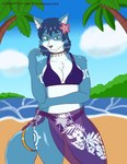 anthro beach blue_body blue_ears blue_fur blue_hair blue_tail breasts clothing female fur hair looking_at_viewer palm_tree plant sarong seaside smile solo tail tree water travis_mayer nintendo star_fox krystal_(star_fox) canid canine fox mammal absurd_res hi_res