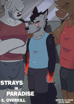 angry anthro black_body black_fur bottomwear brown_body brown_fur bulge clenched_hands clothing crossed_arms facial_scar fur glowing glowing_eyes glowing_hands grey_body grey_fur grin gym hair hair_over_eyes hand_on_shoulder imminent_death imminent_sex inside male midriff mohawk muscular muscular_anthro muscular_male obscured_eyes red_eyes scar shirt shorts smile tank_top text topwear white_body white_fur workout_clothing ferrx strays_in_paradise dark_matter_(li'l_melon) ambiguous_species canid canine canis domestic_dog equid equine horse mammal absurd_res cover cover_art cover_page english_text hi_res